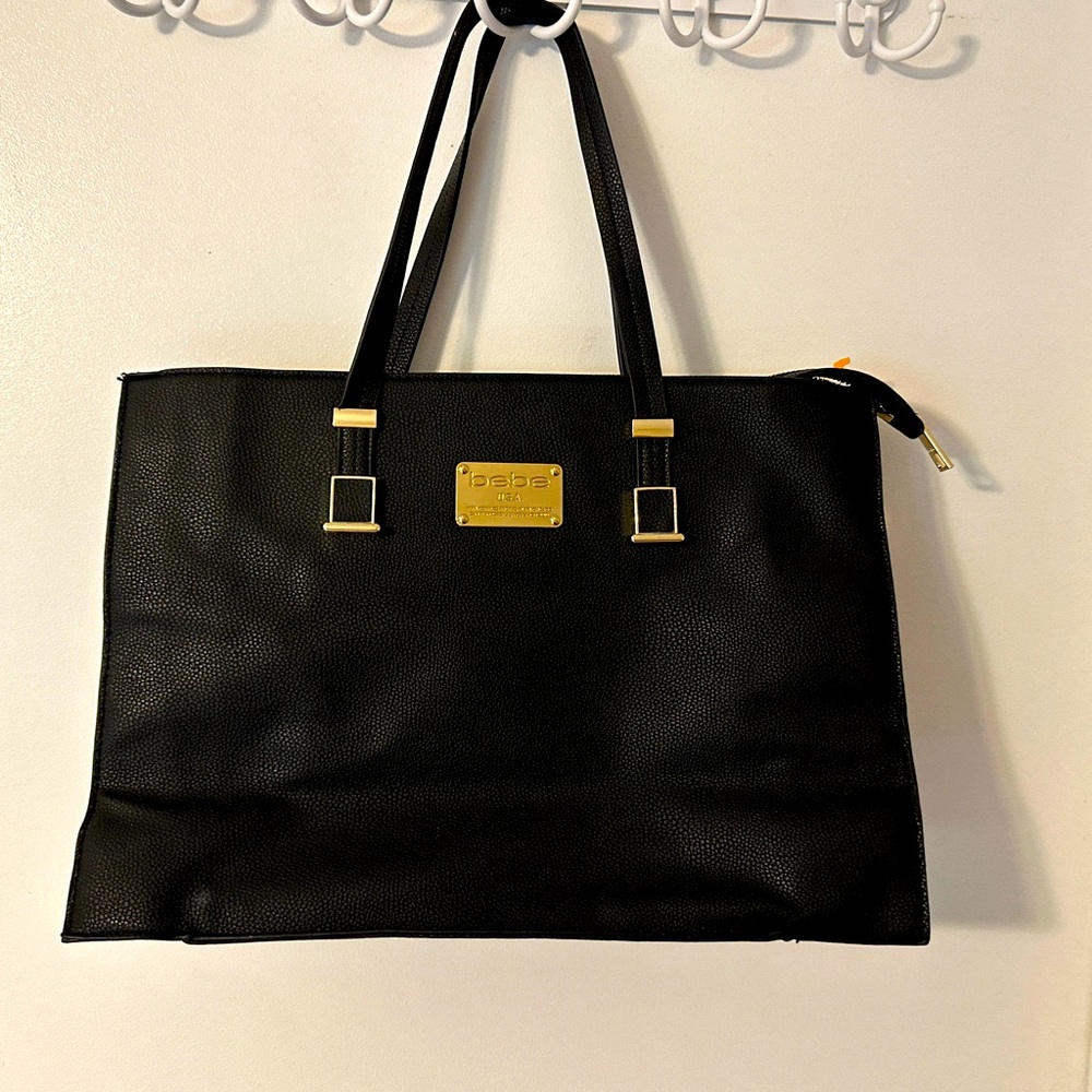 Bebe Designer Black Pebble Leather Book Tote Handbag with Gold Hardware